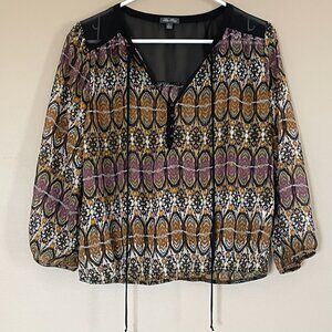 Lily Rose Womens Large Sheer Whimsy Goth Top Witchy Grunge Boho Geometric Print